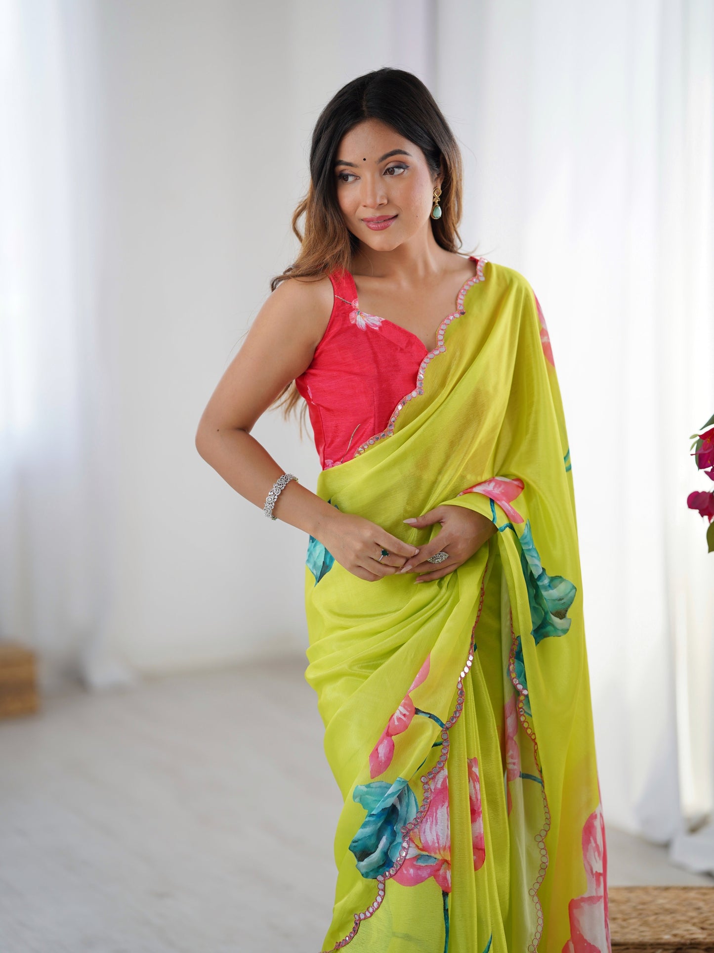 Jyoti Fashion Women's Parrot Green Chinon Digital Printed Designer Saree with Blouse - Swadesiicart