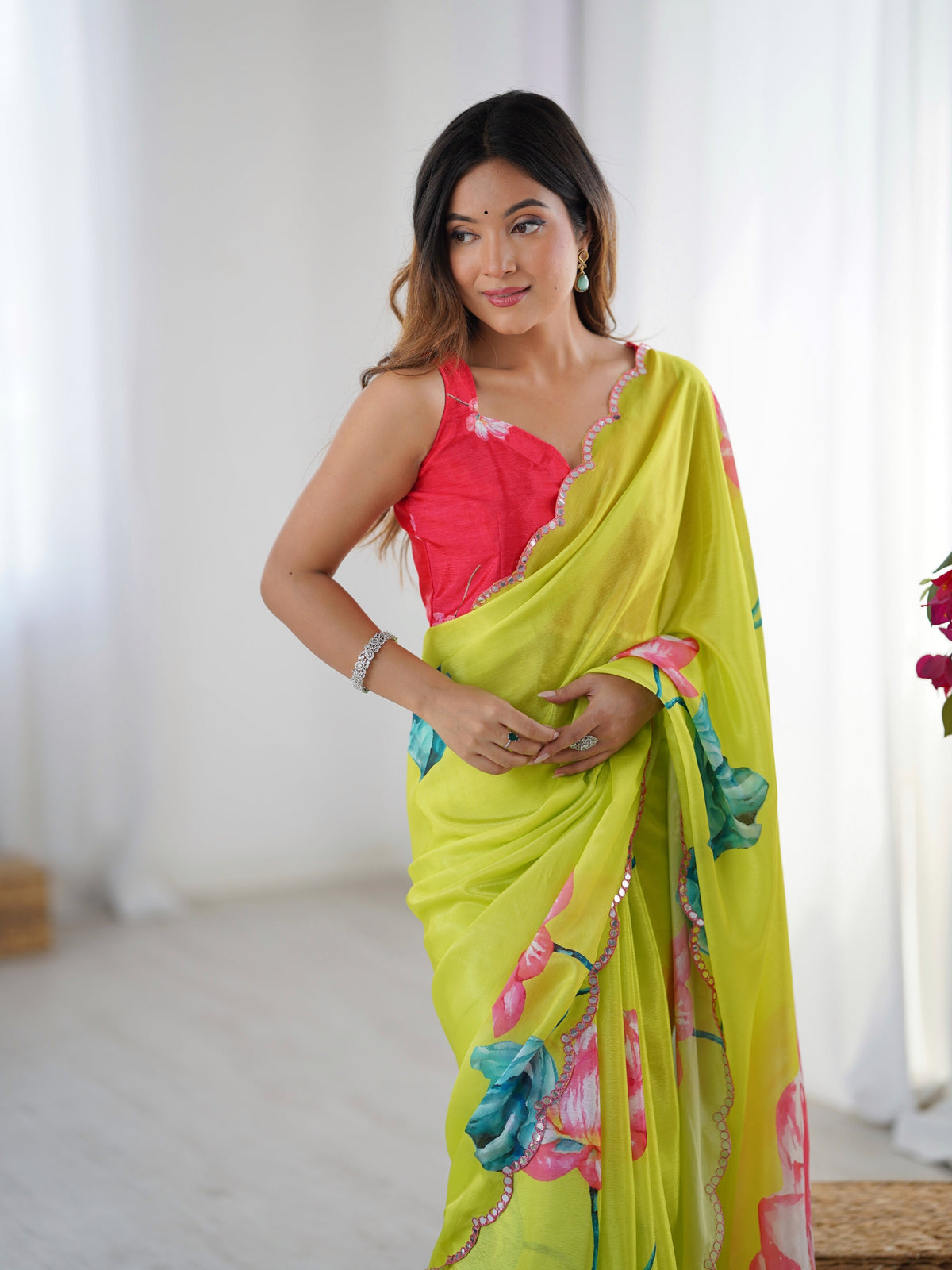 Jyoti Fashion Women's Parrot Green Chinon Digital Printed Designer Swadesiicart with Blouse