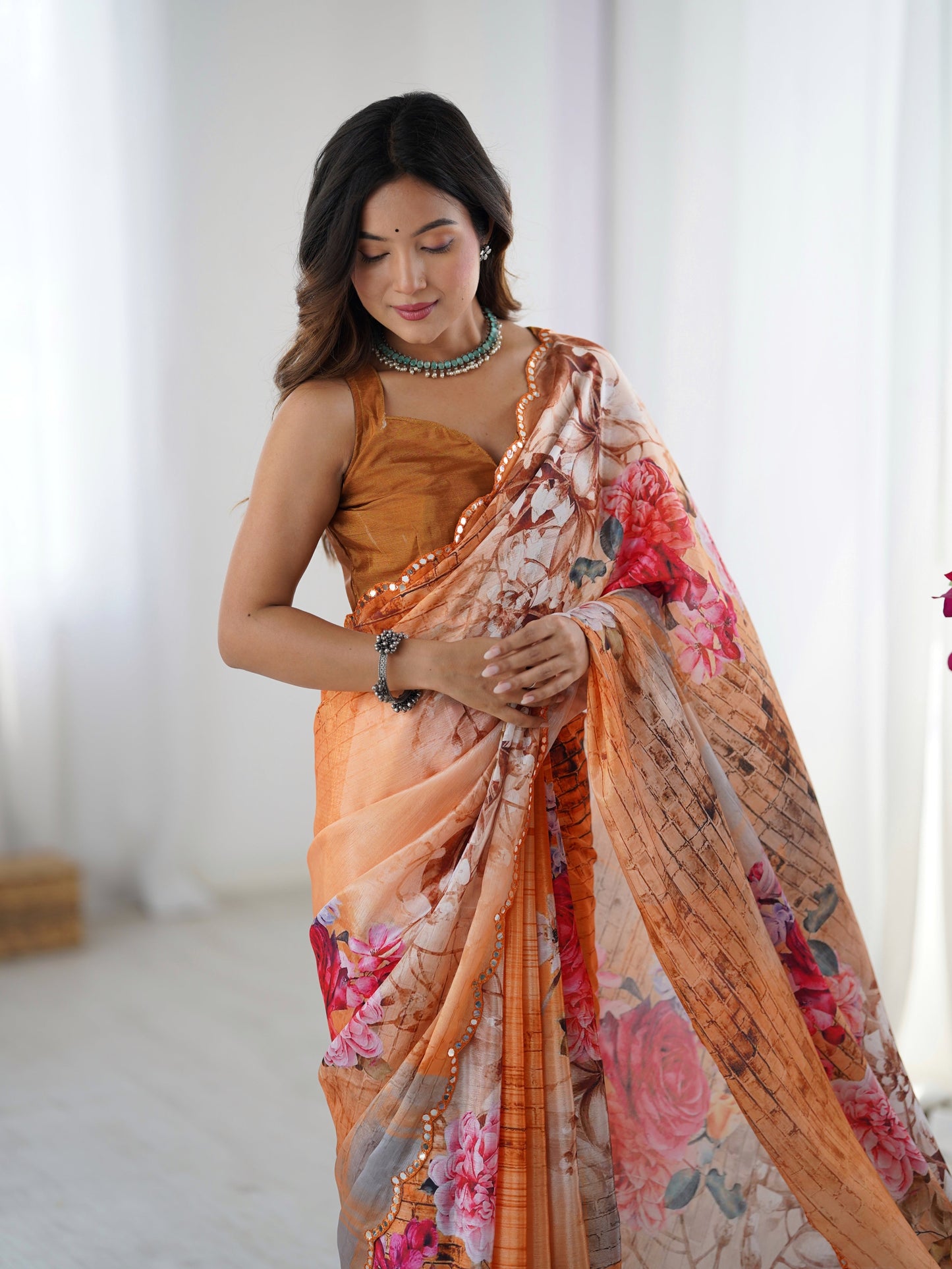 Jyoti Fashion Women's Multicolor Chinon Digital Printed Designer Saree with Blouse - Swadesiicart