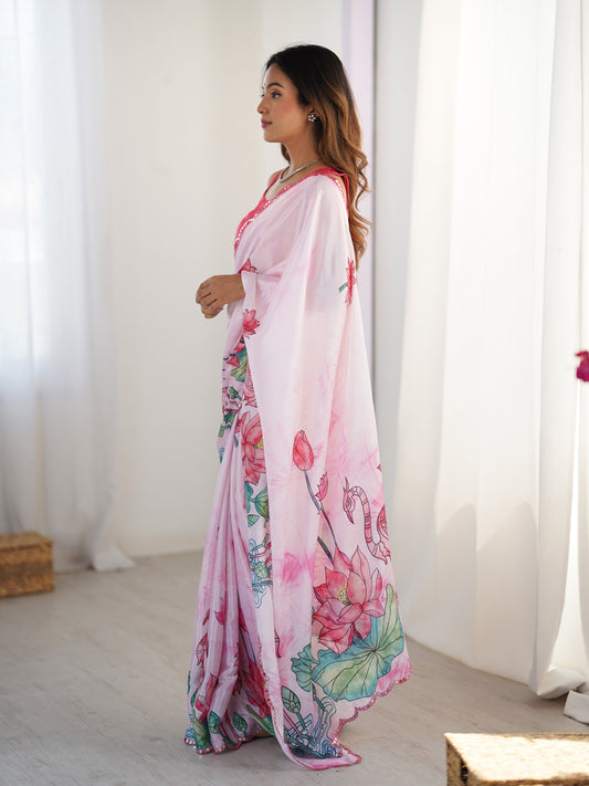 Jyoti Fashion Women's Pink Chinon Digital Printed Designer Swadesiicart with Blouse