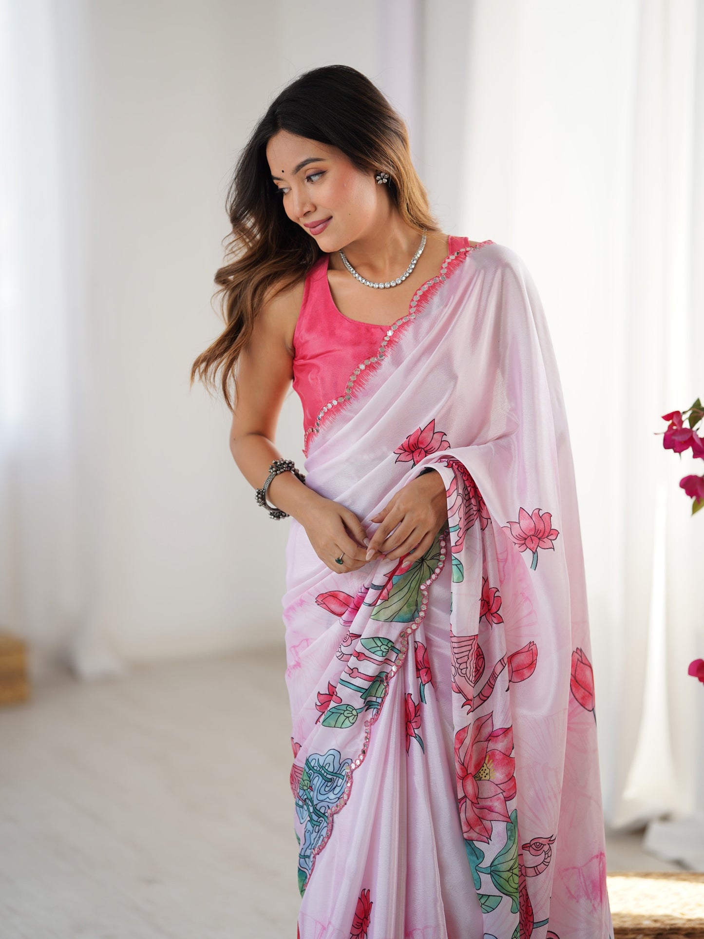 Jyoti Fashion Women's Pink Chinon Digital Printed Designer Saree with Blouse - Swadesiicart