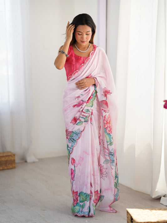 Jyoti Fashion Women's Pink Chinon Digital Printed Designer Swadesiicart with Blouse