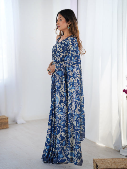 Jyoti Fashion Women's Navy Blue Chinon Digital Printed Designer Swadesiicart with Blouse