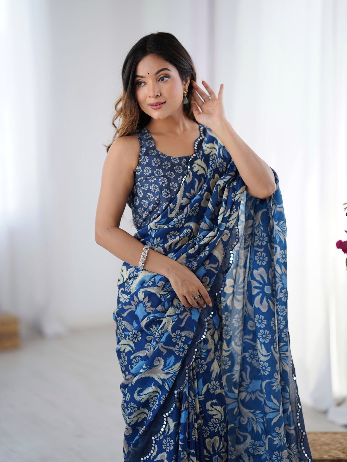 Jyoti Fashion Women's Navy Blue Chinon Digital Printed Designer Swadesiicart with Blouse