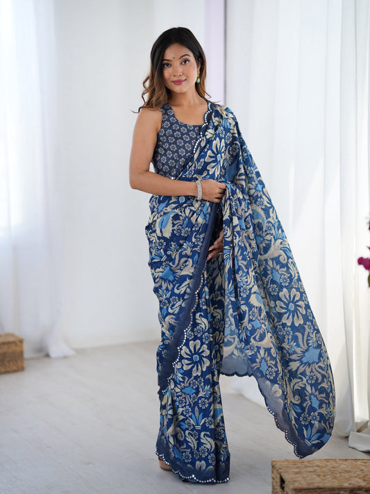 Jyoti Fashion Women's Navy Blue Chinon Digital Printed Designer Swadesiicart with Blouse