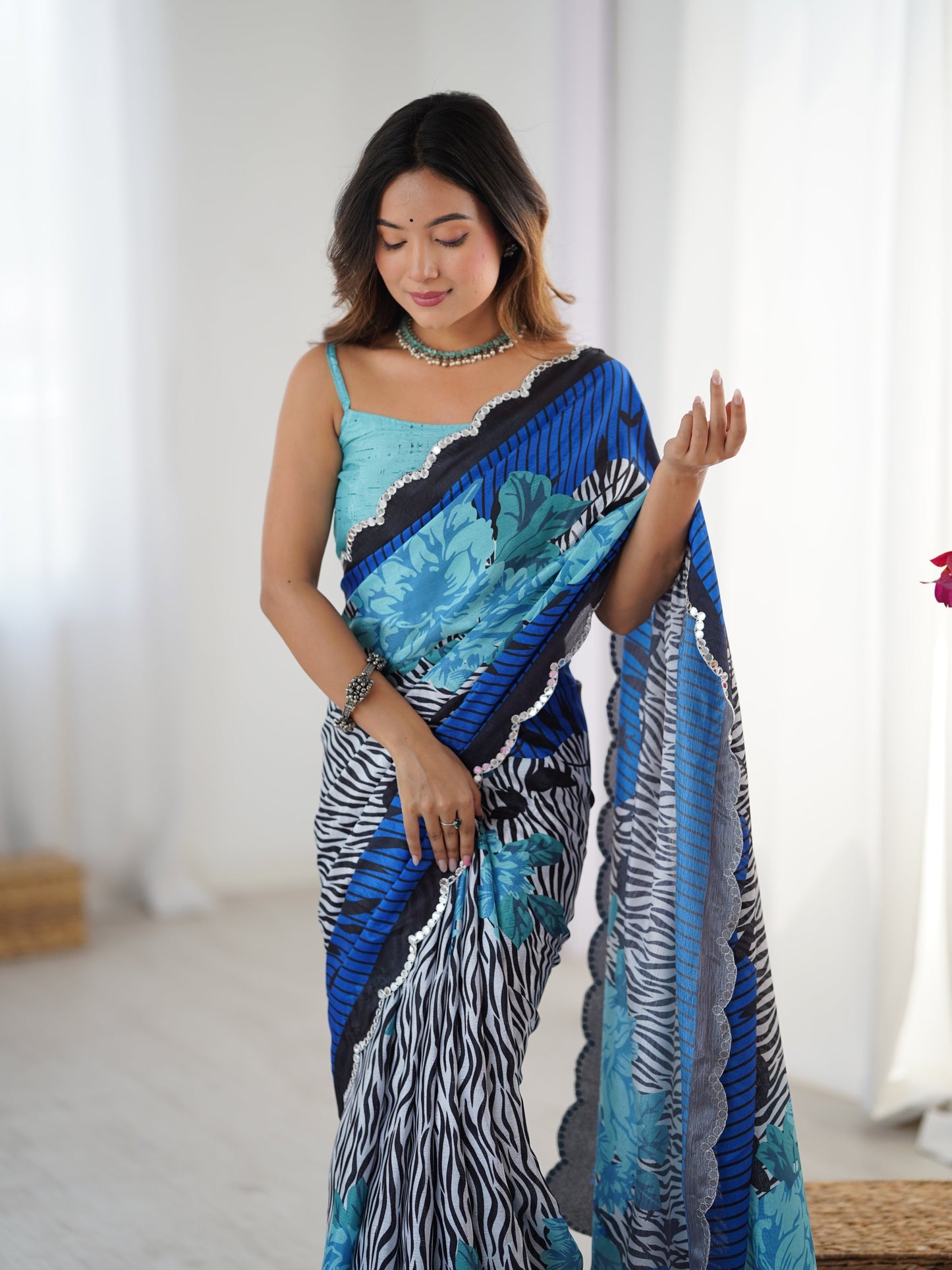 Jyoti Fashion Women's Multicolor Chinon Digital Printed Designer Saree with Blouse - Swadesiicart