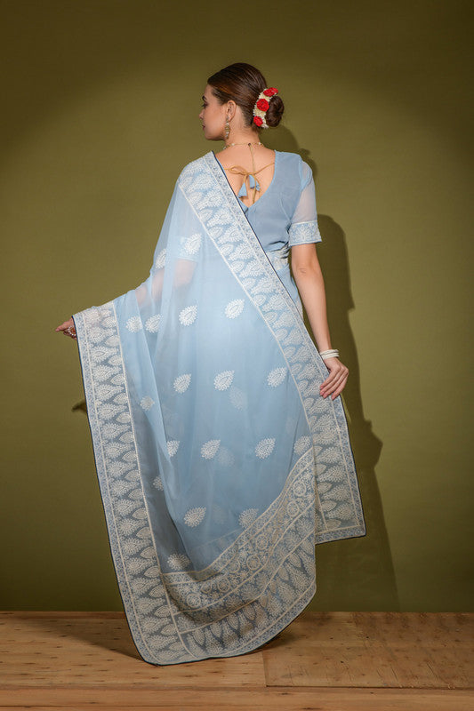Jyoti Fashion Women's Sky Blue Lakhnavi Thread work Georgette Saree with Blouse | Swadesiicart
