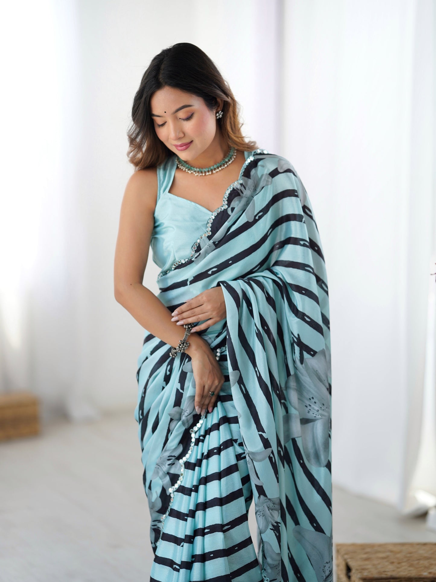 Jyoti Fashion Women's Sea Green Chinon Digital Printed Designer Saree with Blouse - Swadesiicart