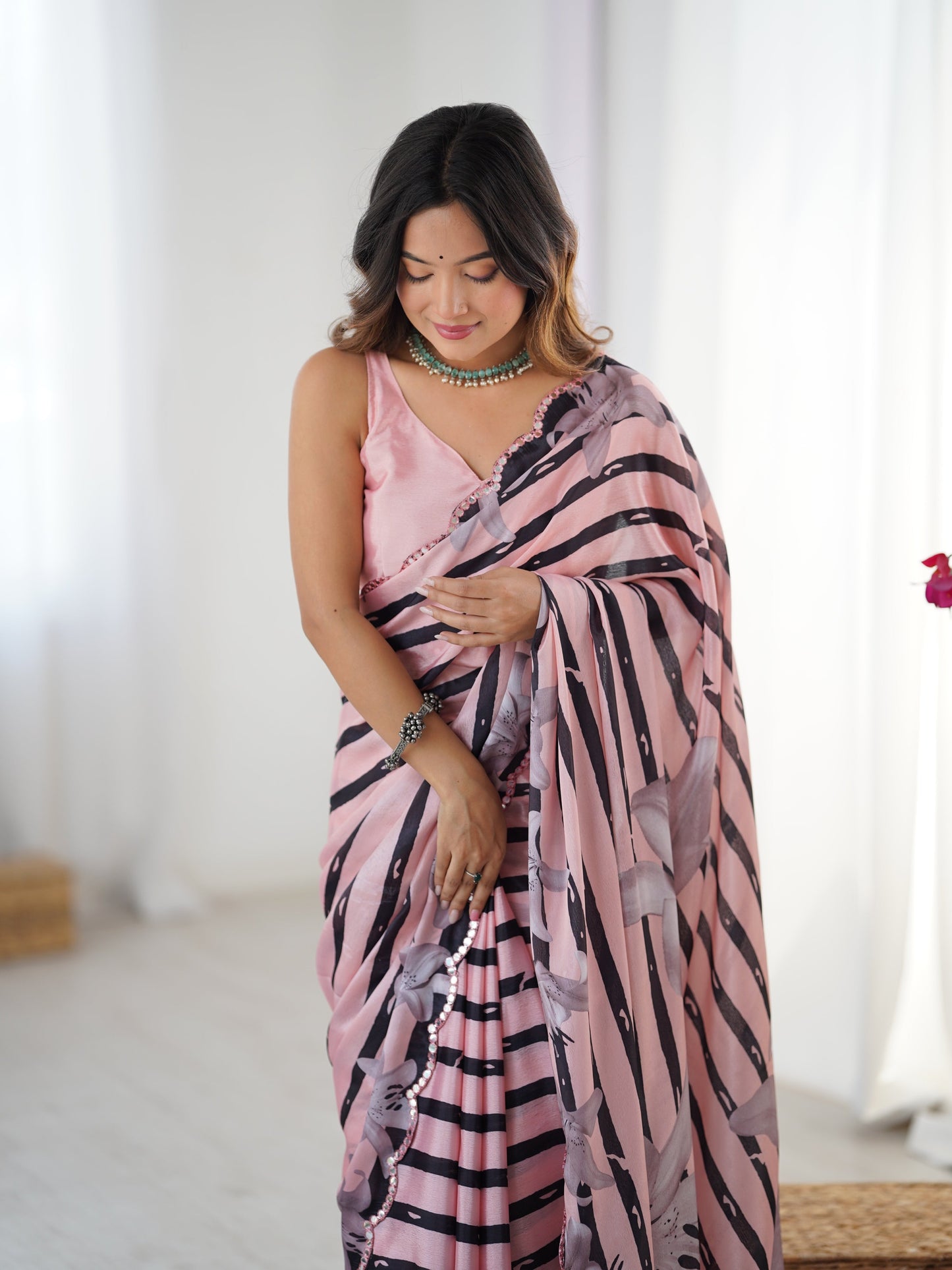 Jyoti Fashion Women's Baby Pink Chinon Digital Printed Designer Saree with Blouse - Swadesiicart