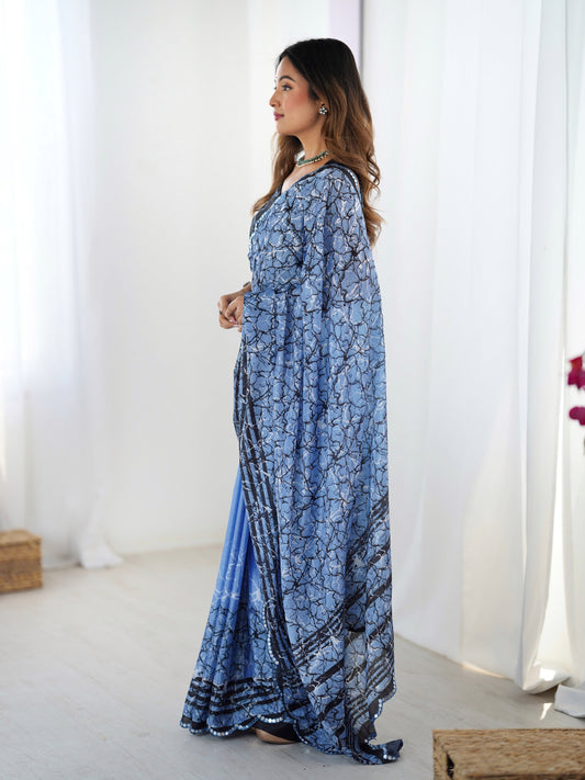 Jyoti Fashion Women's Blue Chinon Digital Printed Designer Swadesiicart with Blouse