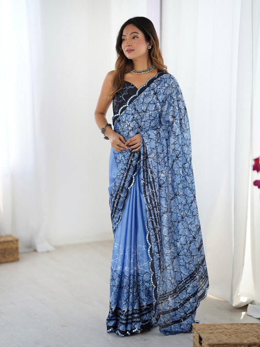 Jyoti Fashion Women's Blue Chinon Digital Printed Designer Swadesiicart with Blouse