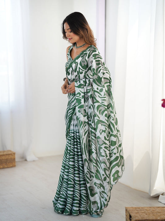 Jyoti Fashion Women's Green Chinon Digital Printed Designer Swadesiicart with Blouse