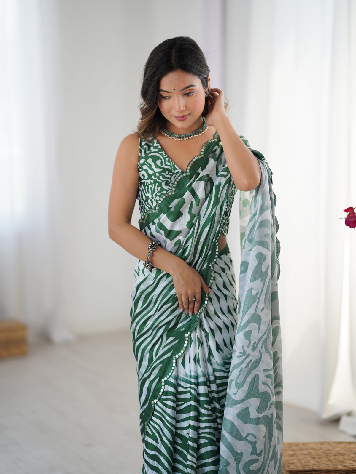 Jyoti Fashion Women's Green Chinon Digital Printed Designer Swadesiicart with Blouse