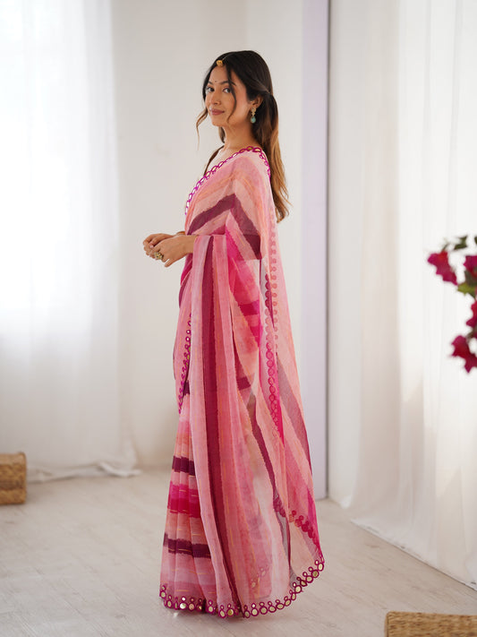 Jyoti Fashion Women's Pink Chinon Leriya Zari Printed Designer Swadesiicart with Blouse