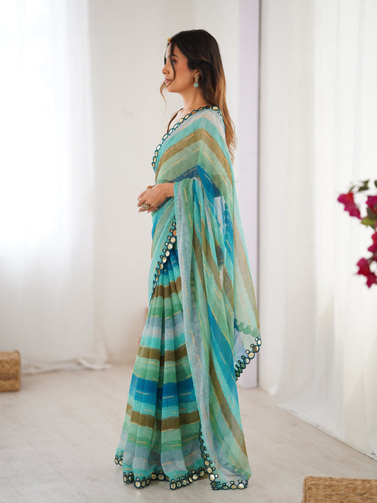 Jyoti Fashion Women's Sky Blue Chinon Leriya Zari Printed Designer Swadesiicart with Blouse