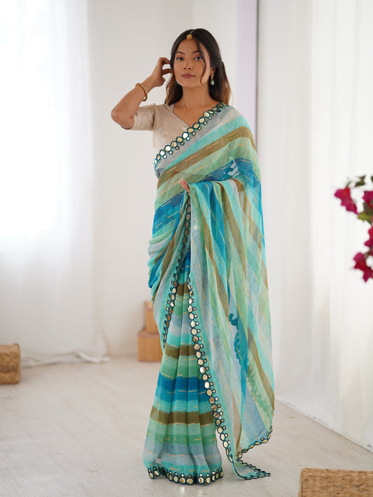 Jyoti Fashion Women's Sky Blue Chinon Leriya Zari Printed Designer Swadesiicart with Blouse