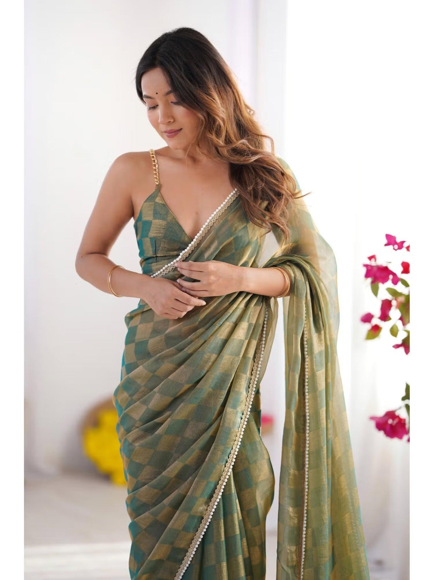 Jyoti Fashion Women's Mehendi Box Chiffon Moti Lace Border Designer Saree with Blouse - Swadesiicart