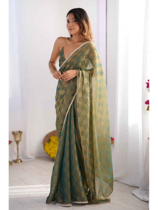 Jyoti Fashion Women's Mehendi Box Chiffon Moti Lace Border Designer Saree with Blouse - Swadesiicart