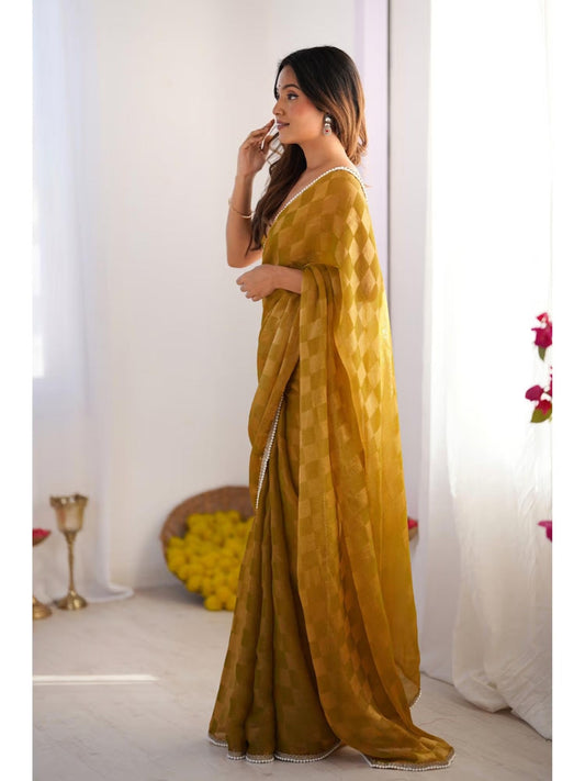 Jyoti Fashion Women's Mustard Box Chiffon Moti Lace Border Designer Swadesiicart with Blouse