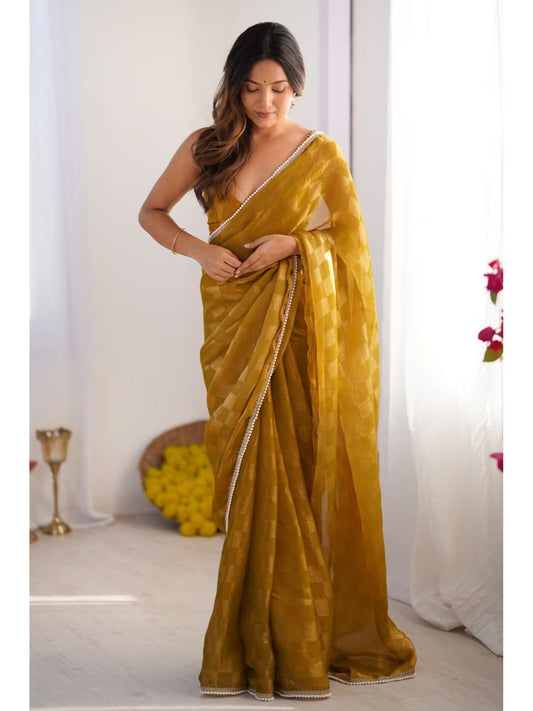 Jyoti Fashion Women's Mustard Box Chiffon Moti Lace Border Designer Swadesiicart with Blouse