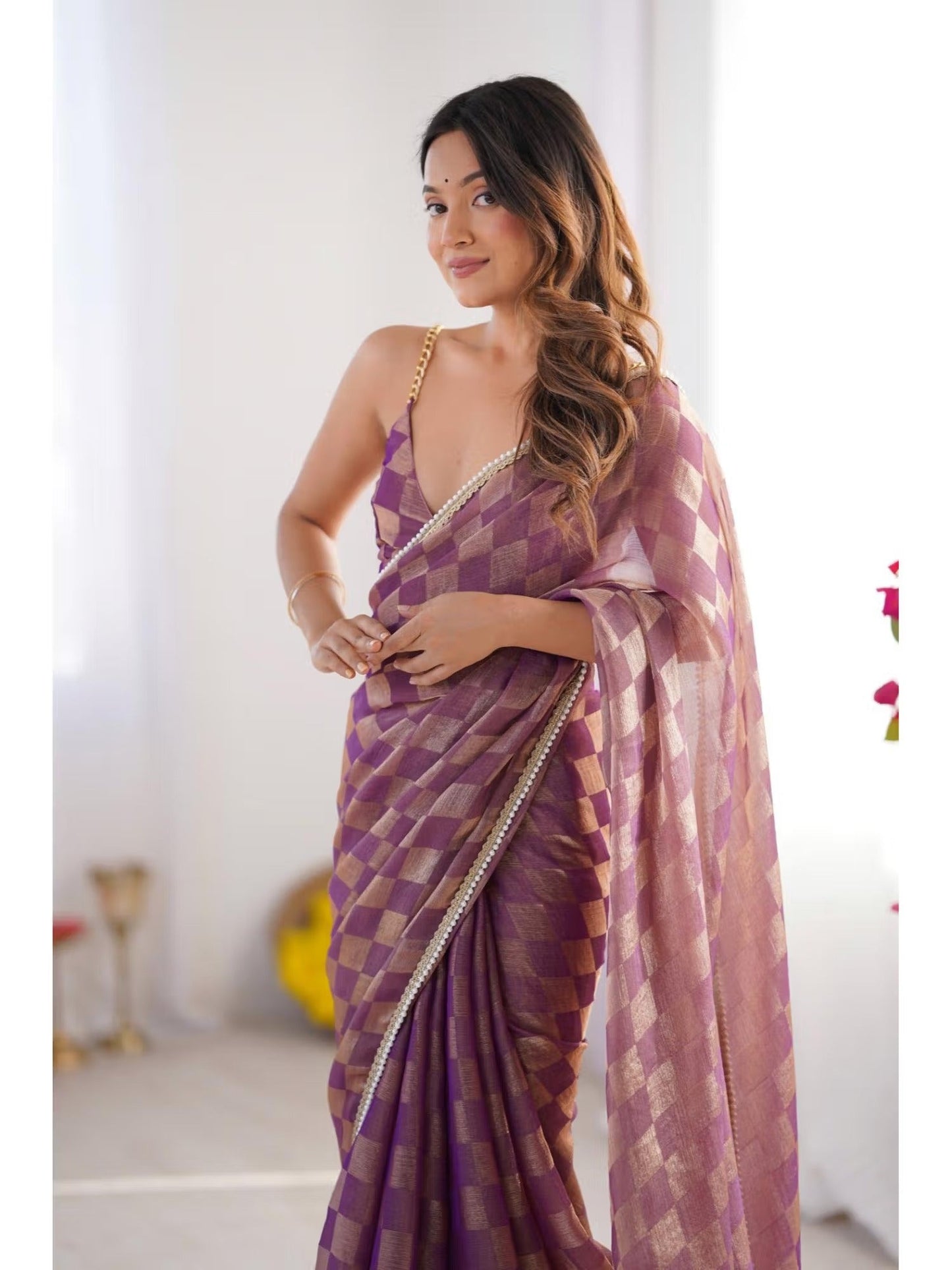 Jyoti Fashion Women's Purple Box Chiffon Moti Lace Border Designer Saree with Blouse | Swadesiicart