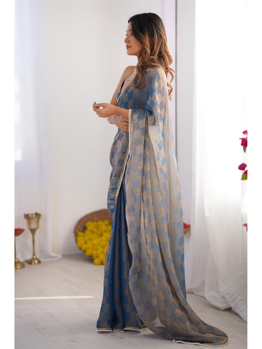 Jyoti Fashion Women's Blue Box Chiffon Moti Lace Border Designer Swadesiicart with Blouse