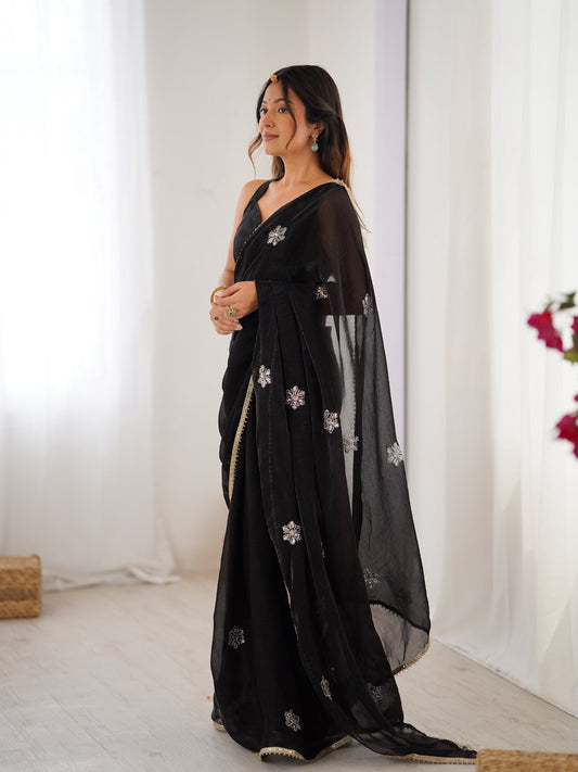 Jyoti Fashion Women's Black Soft Fendy Embroidered Designer Swadesiicart with Blouse