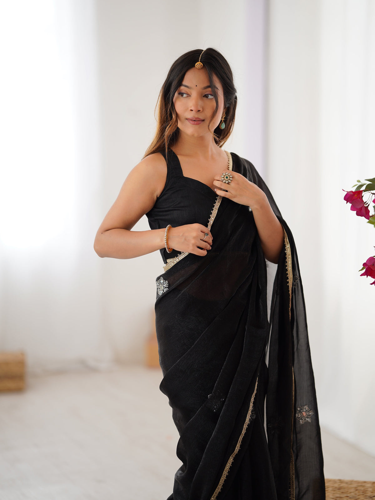 Jyoti Fashion Women's Black Soft Fendy Embroidered Designer Swadesiicart with Blouse