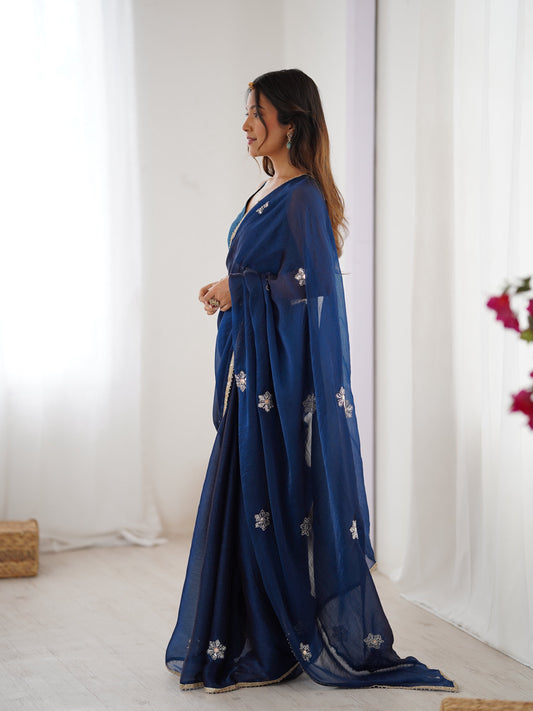 Jyoti Fashion Women's Navy Blue Soft Fendy Embroidered Designer Swadesiicart with Blouse