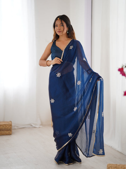Jyoti Fashion Women's Navy Blue Soft Fendy Embroidered Designer Swadesiicart with Blouse