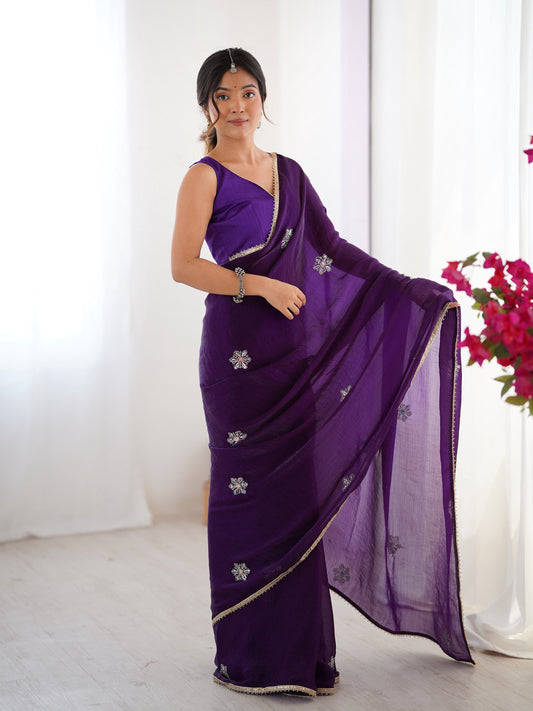 Jyoti Fashion Women's Purple Soft Fendy Embroidered Designer Swadesiicart with Blouse