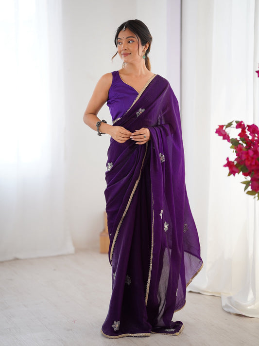 Jyoti Fashion Women's Purple Soft Fendy Embroidered Designer Swadesiicart with Blouse