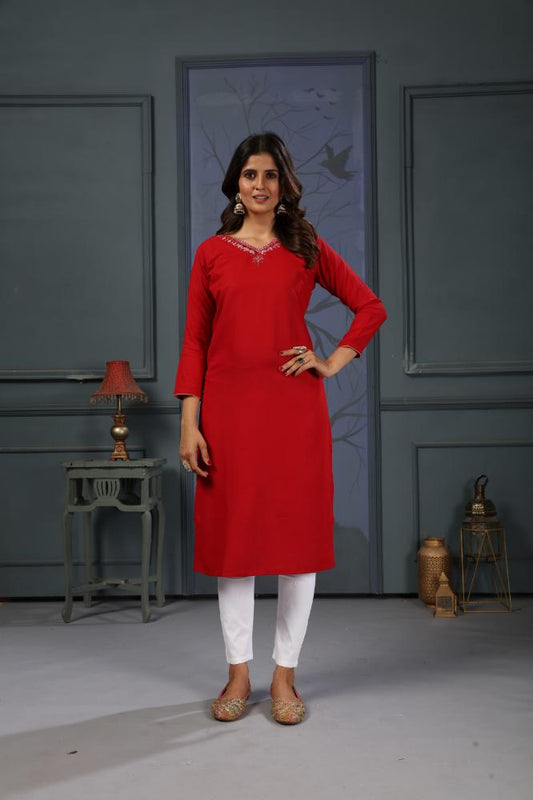 Jyoti Fashion Women's Red Cotton Handwork Designer Kurta Only - Swadesiicart