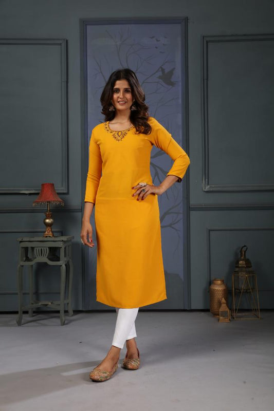 Jyoti Fashion Women's Yellow Cotton Handwork Designer Kurta Only - Swadesiicart