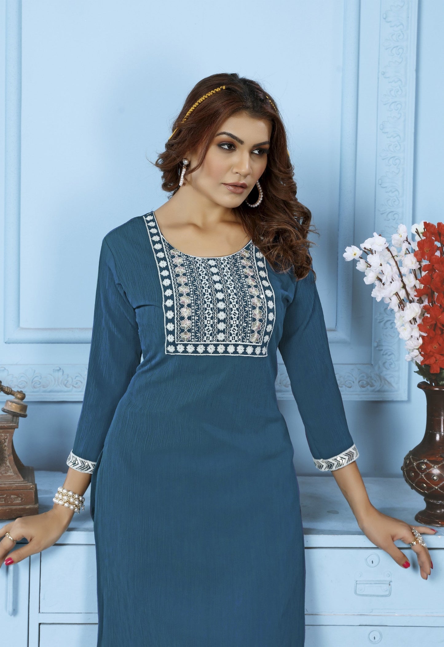 Jyoti Fashion Women's Teal Rinkal Cotton Embroidered Designer Kurta with Bottom | Swadesiicart