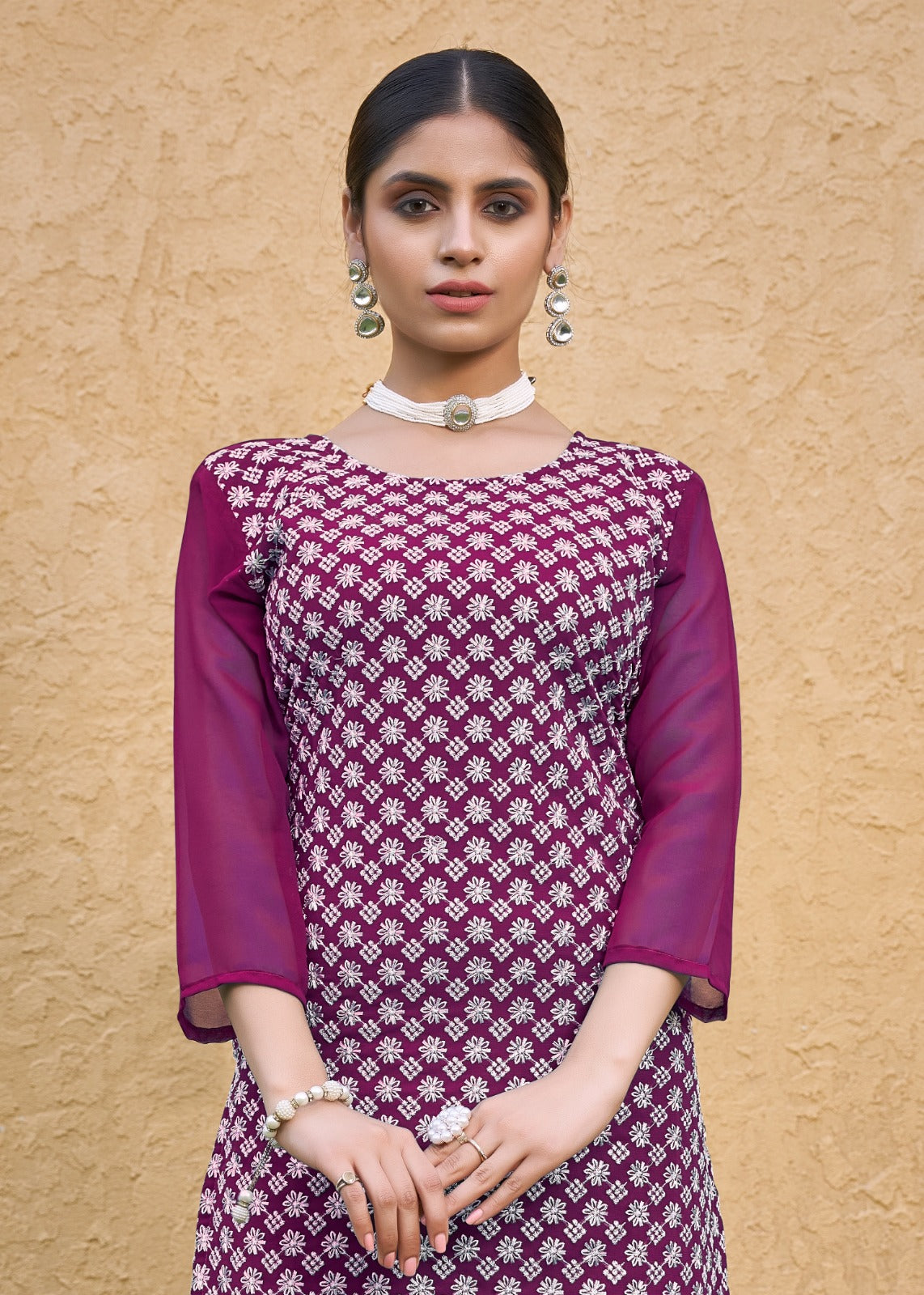 Jyoti Fashion Women's Wine Faux Georgette Chikan Embroidery Designer Kurta with Bottom | Swadesiicart
