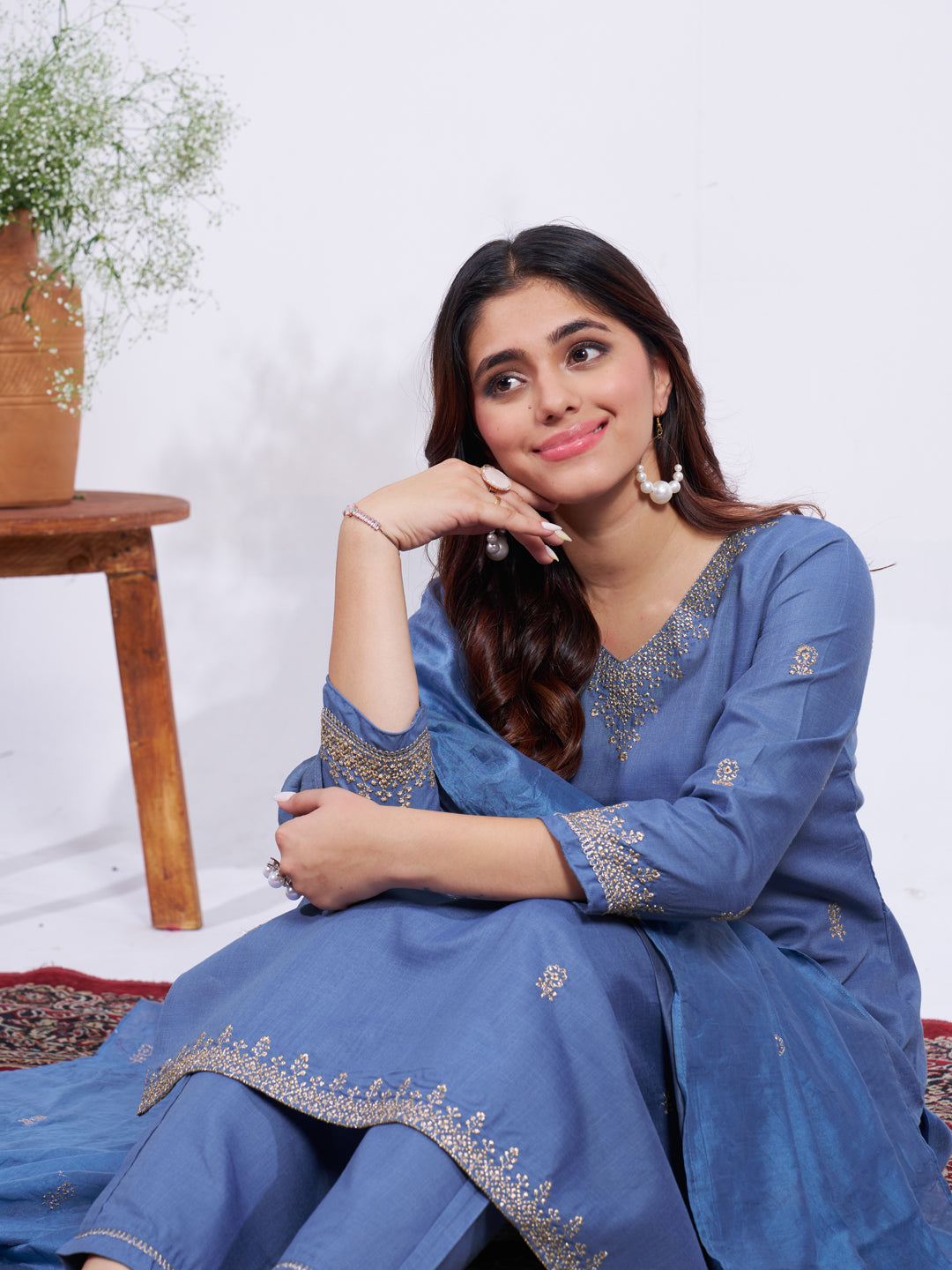 Jyoti Fashion Women's Denim Blue Rayon Embroidered Designer Kurta Set with Dupatta - Swadesiicart