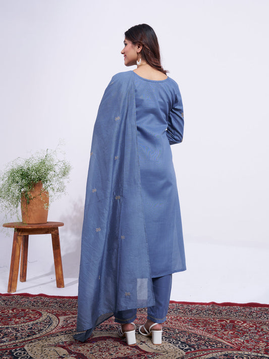 Jyoti Fashion Women's Denim Blue Rayon Embroidered Designer Kurta Set with Dupatta - Swadesiicart