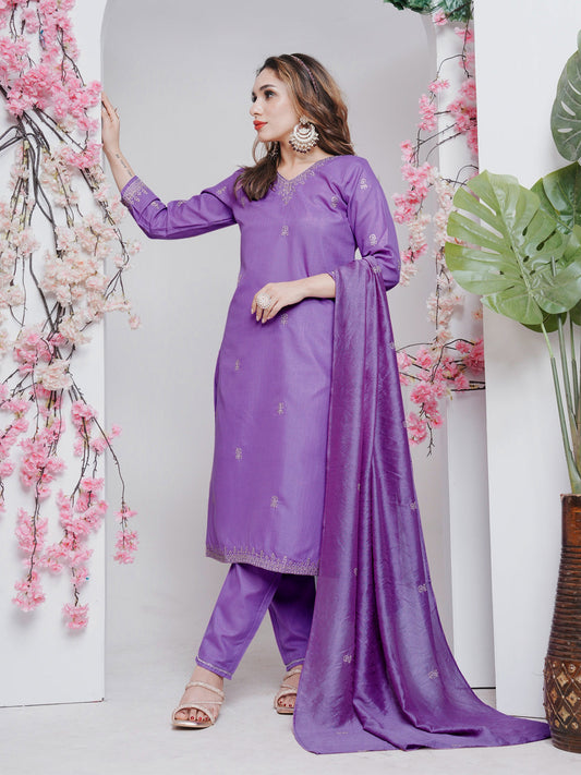 Jyoti Fashion Women's Lavender Rayon Embroidered Designer Kurta Set with Dupatta - Swadesiicart
