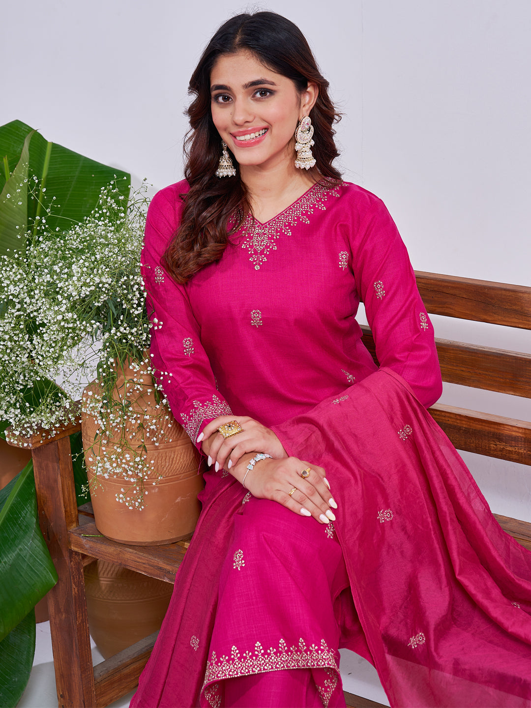 Jyoti Fashion Women's Rani Pink Rayon Embroidered Designer Kurta Set with Dupatta - Swadesiicart