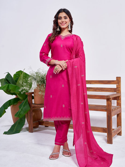 Jyoti Fashion Women's Rani Pink Rayon Embroidered Designer Kurta Set with Dupatta - Swadesiicart