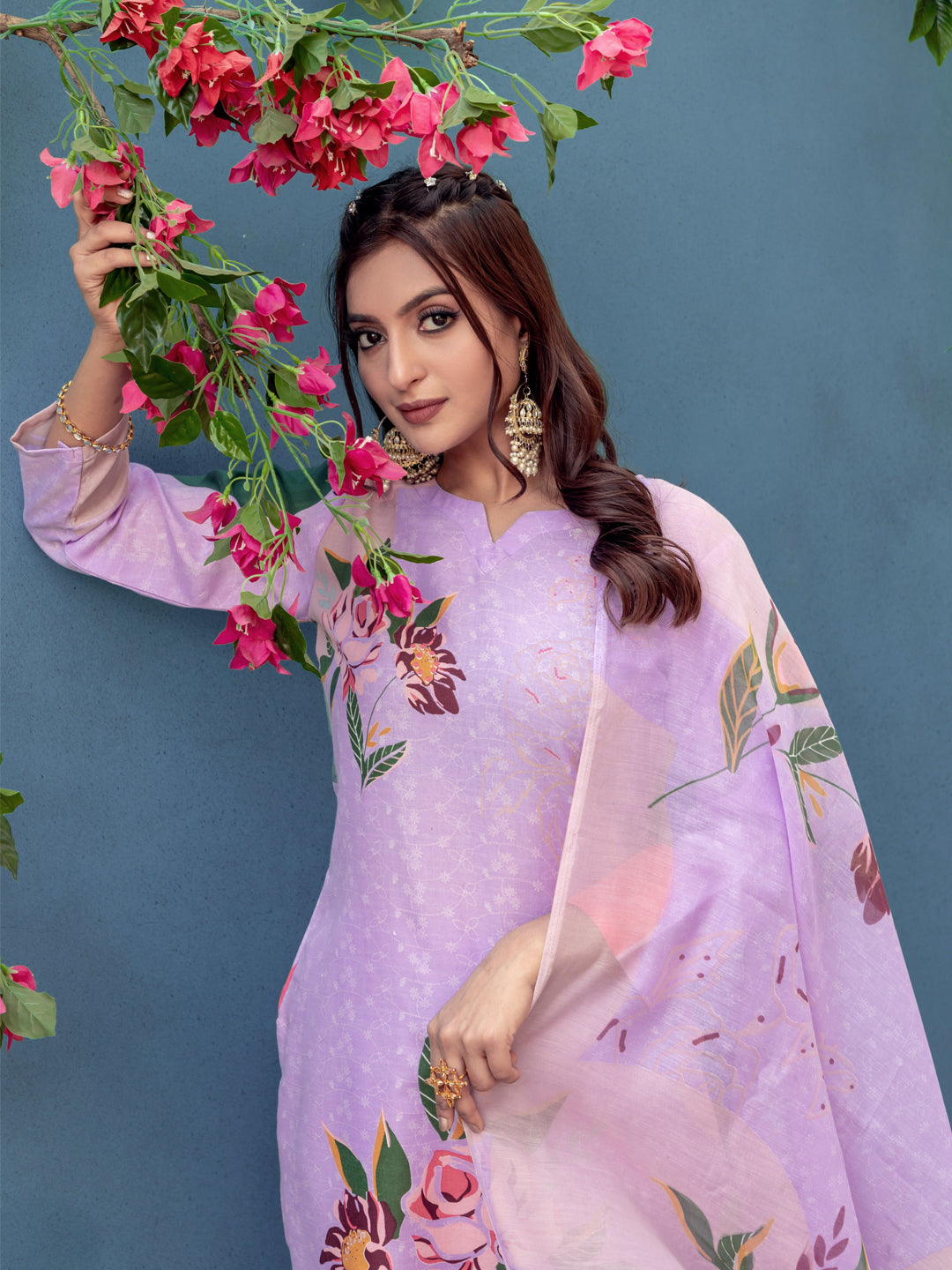 Jyoti Fashion Women's Lavender Cotton Blend Printed Designer Kurta Set with Dupatta - Swadesiicart
