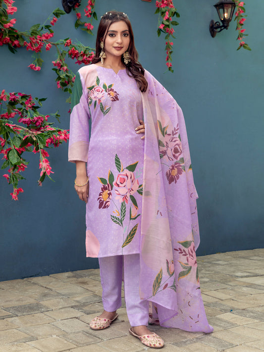 Jyoti Fashion Women's Lavender Cotton Blend Printed Designer Kurta Set with Dupatta - Swadesiicart