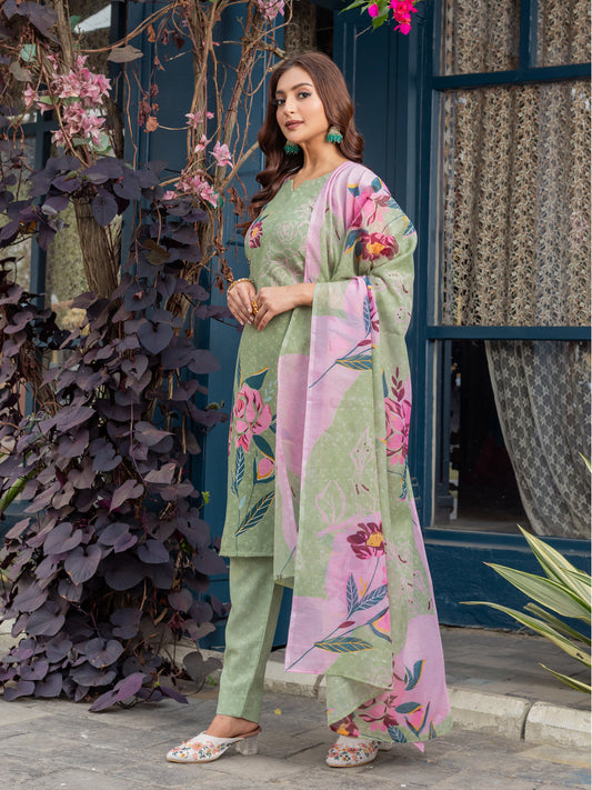 Jyoti Fashion Women's Mehendi Cotton Blend Printed Designer Kurta Set with Dupatta - Swadesiicart