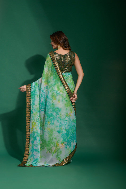 Jyoti Fashion Women's Sea Green Sequence Embroidery Chiffon Saree with Blouse | Swadesiicart