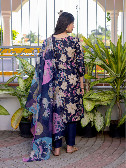 Jyoti Fashion Women's Navy Blue Cotton Blend Printed Designer Kurta Set with Dupatta - Swadesiicart