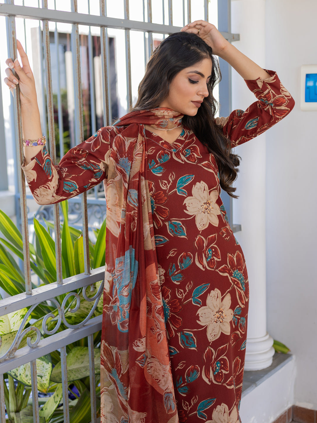 Jyoti Fashion Women's Rust Cotton Blend Printed Designer Kurta Set with Dupatta - Swadesiicart