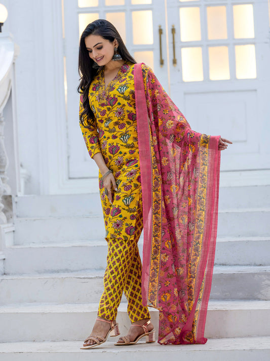 Jyoti Fashion Women's Yellow Rayon Print with Thread Designer Kurta Set with Dupatta - Swadesiicart