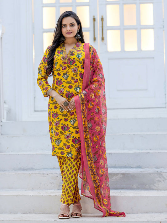 Jyoti Fashion Women's Yellow Rayon Print with Thread Designer Kurta Set with Dupatta - Swadesiicart
