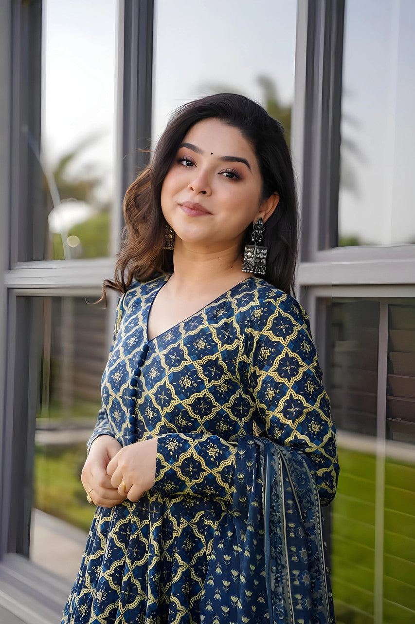 Jyoti Fashion Women's Navy Blue Rayon Printed Designer Kurta Set with Dupatta | Swadesiicart